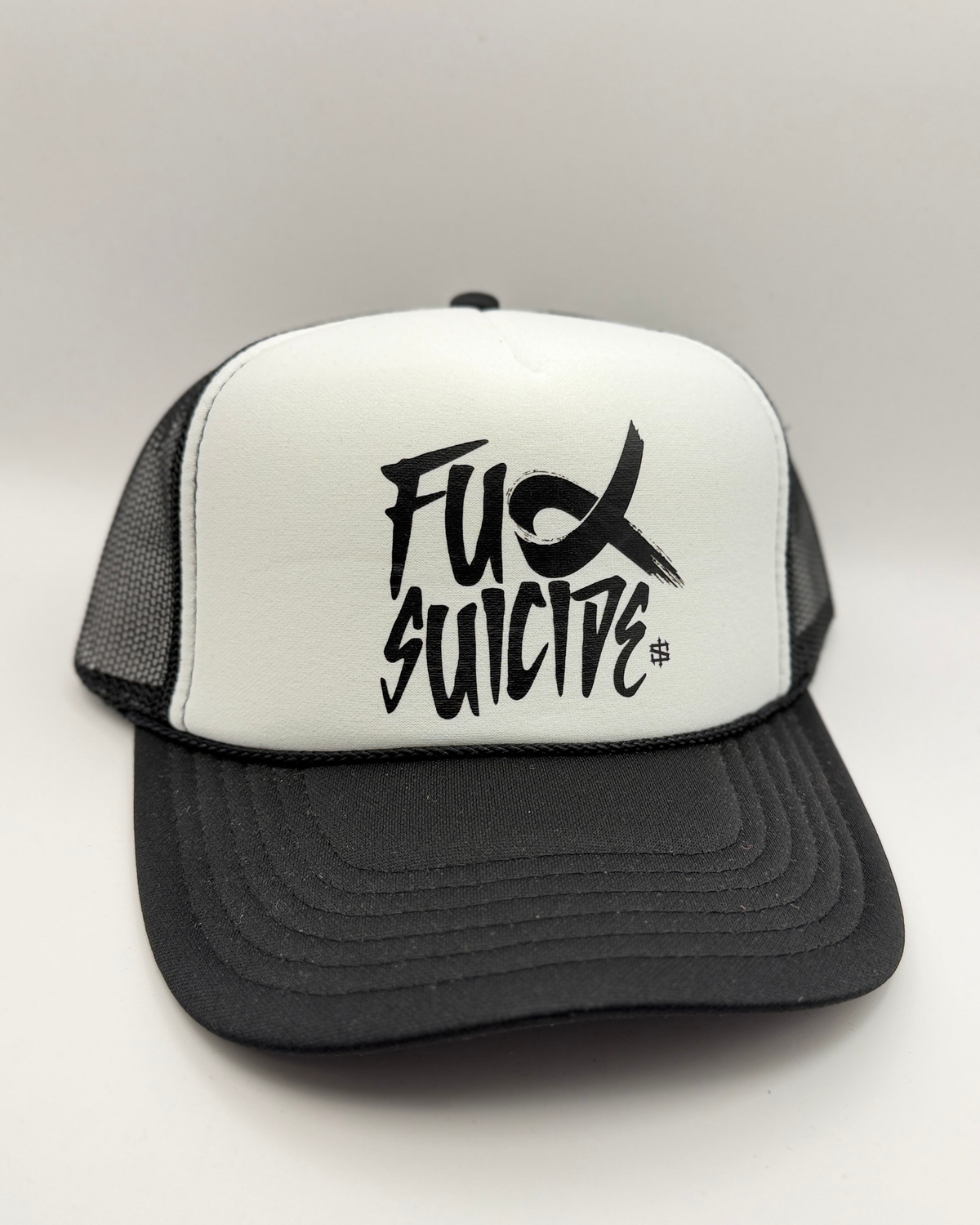Fuck Suicide Mesh Snapback - White / Black, front view