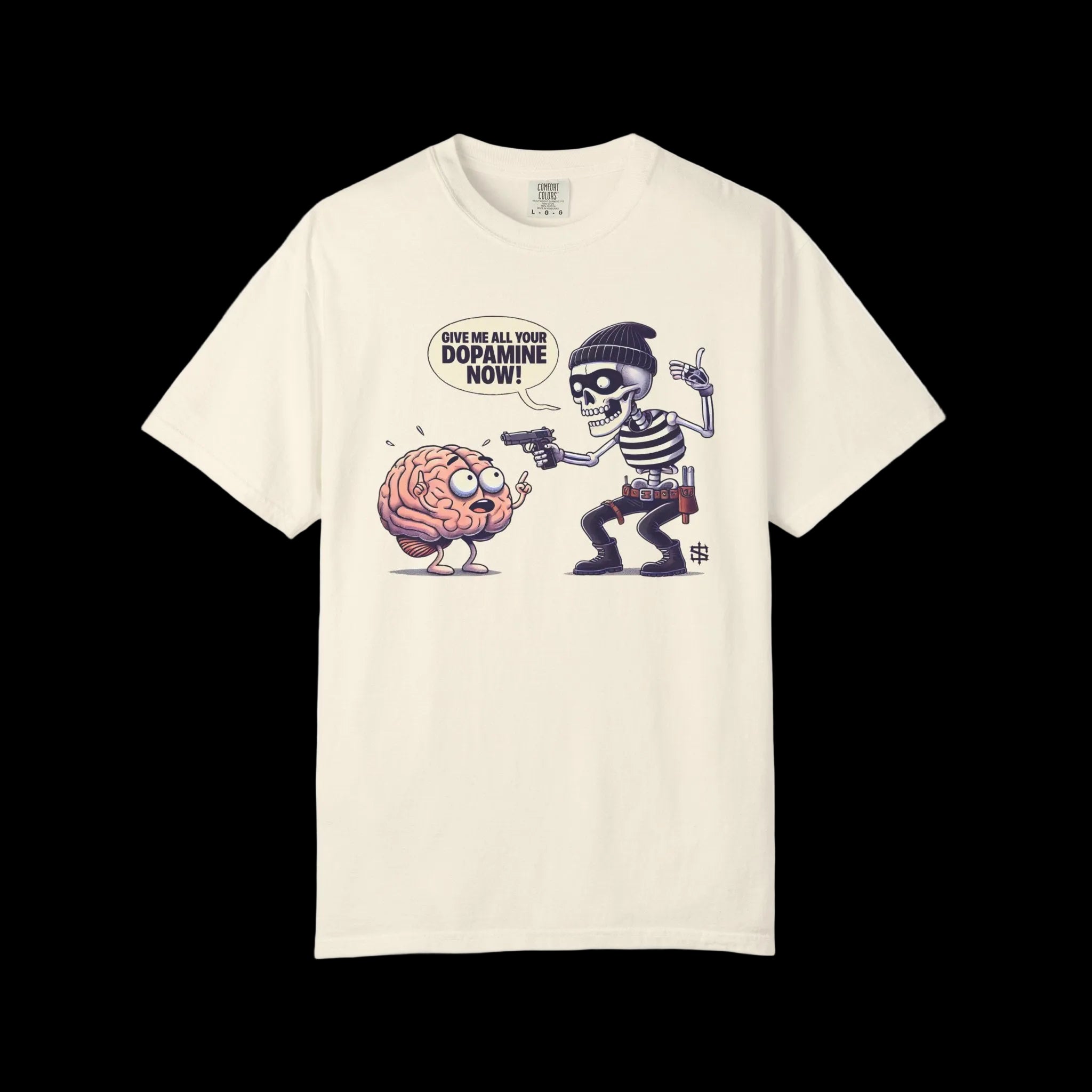 Dopamine Now Cartoon Brain Robber T-Shirt | Funny Neuro Humor, Science Tee