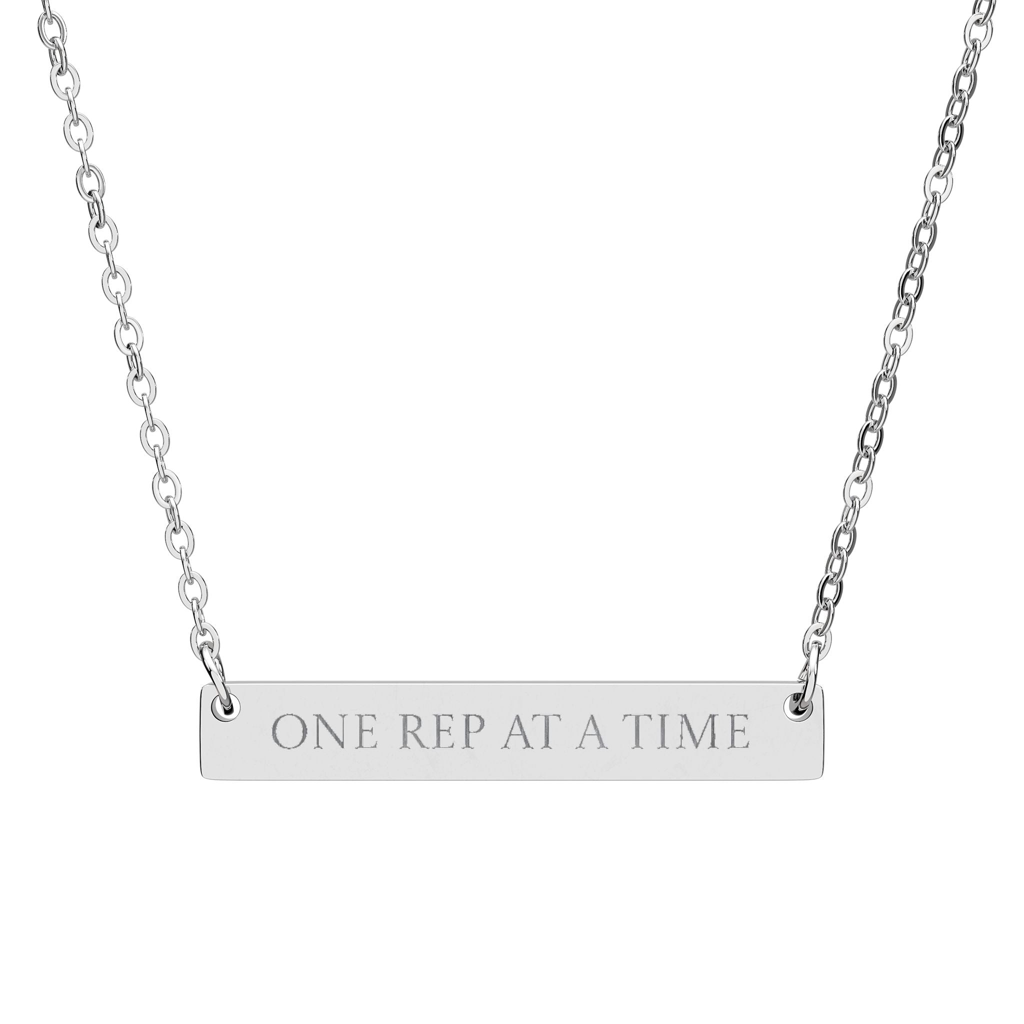 One Rep at a Time Horizontal Bar Necklace | Engraved Fitness Pendant