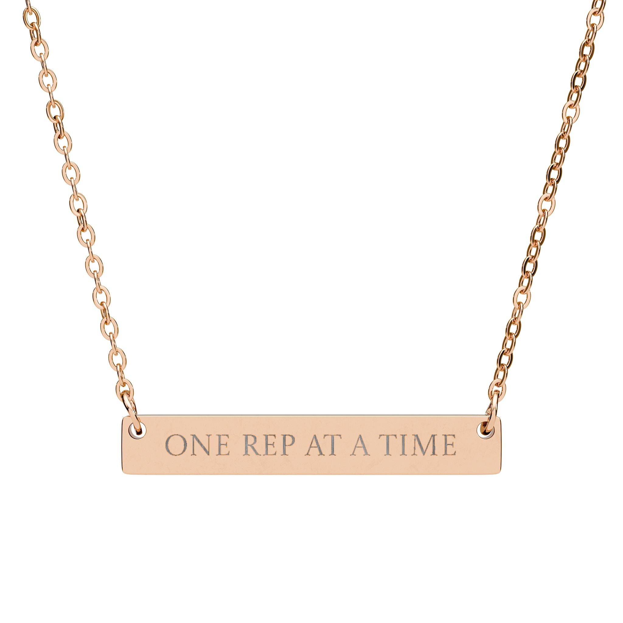 One Rep at a Time Horizontal Bar Necklace | Engraved Fitness Pendant