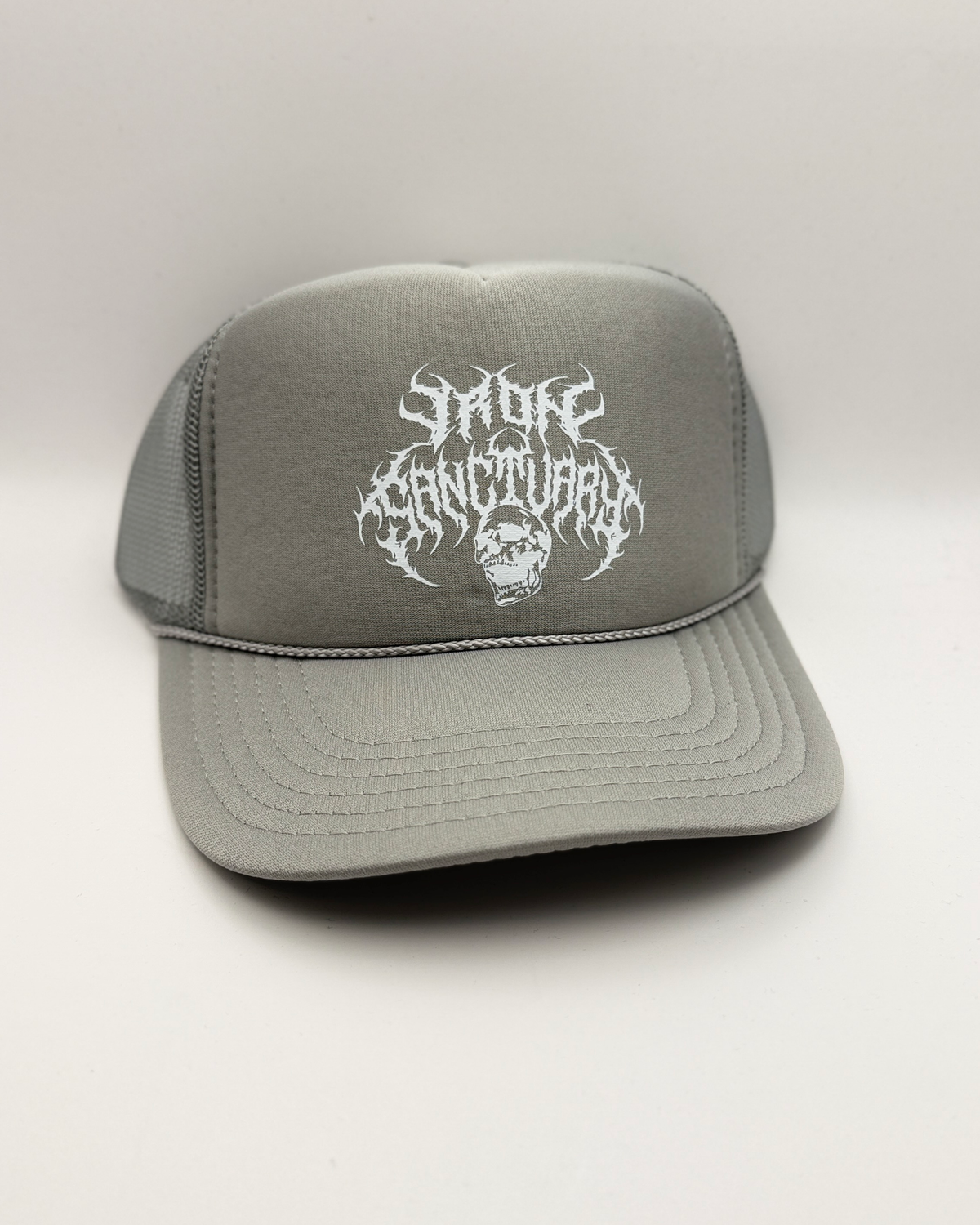 Metal Trucker Hat - Gray / White Logo, front view