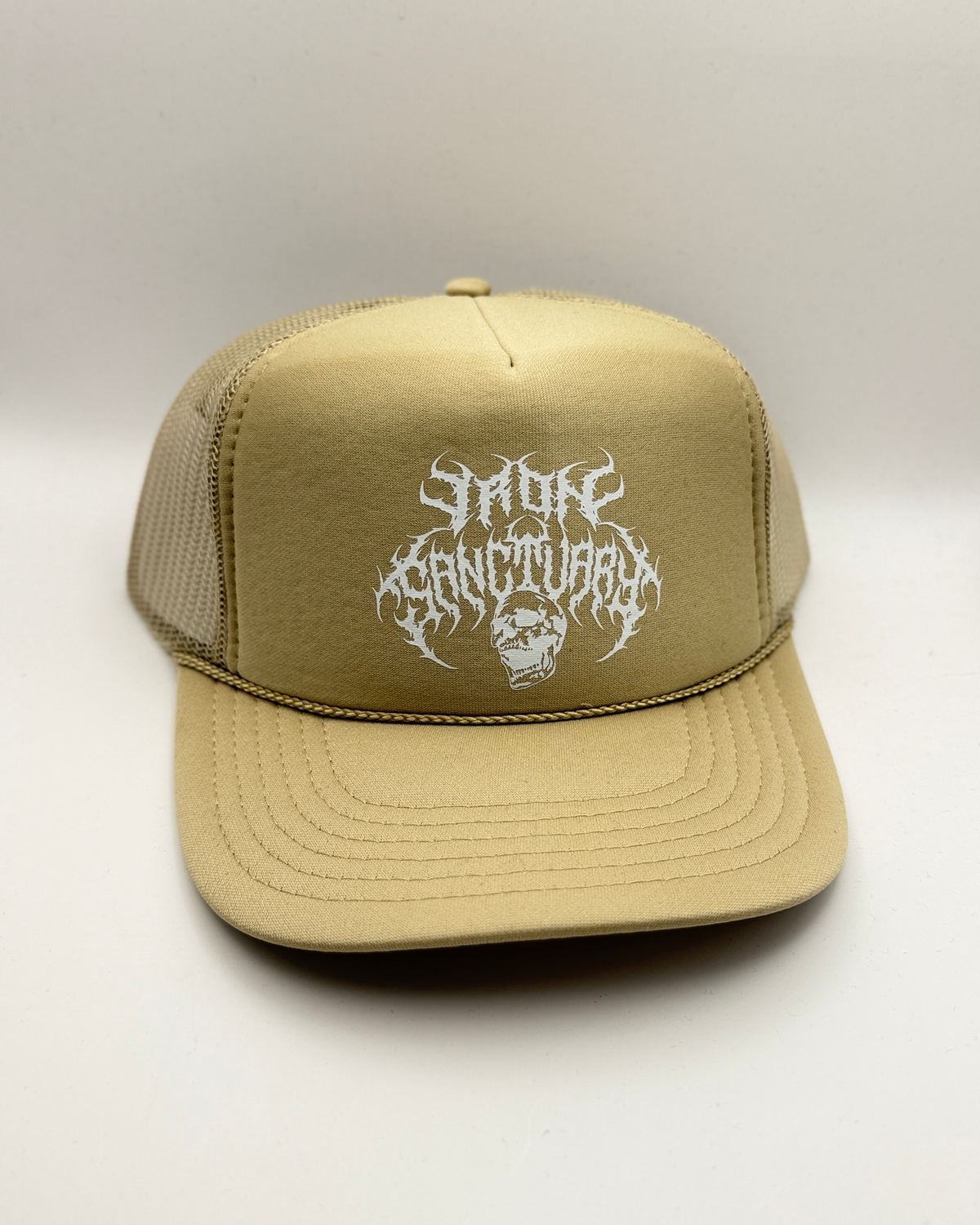 Metal Trucker Hat - Tan / White Logo, front view