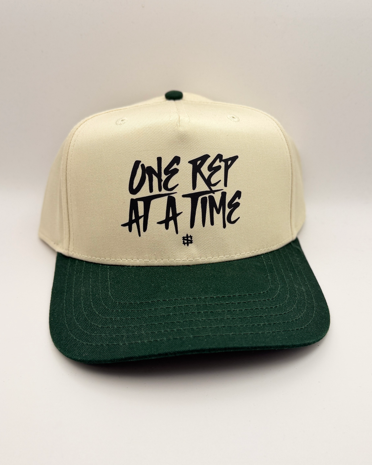 One Rep at a Time Snapback - Tan / Green, front view